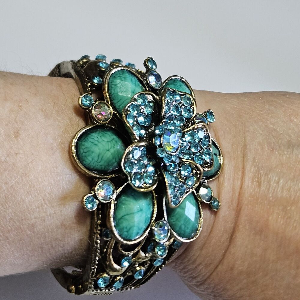 Gold Tone Blue Rhinestone Hinged Flower Statement Bracelet 6.25"